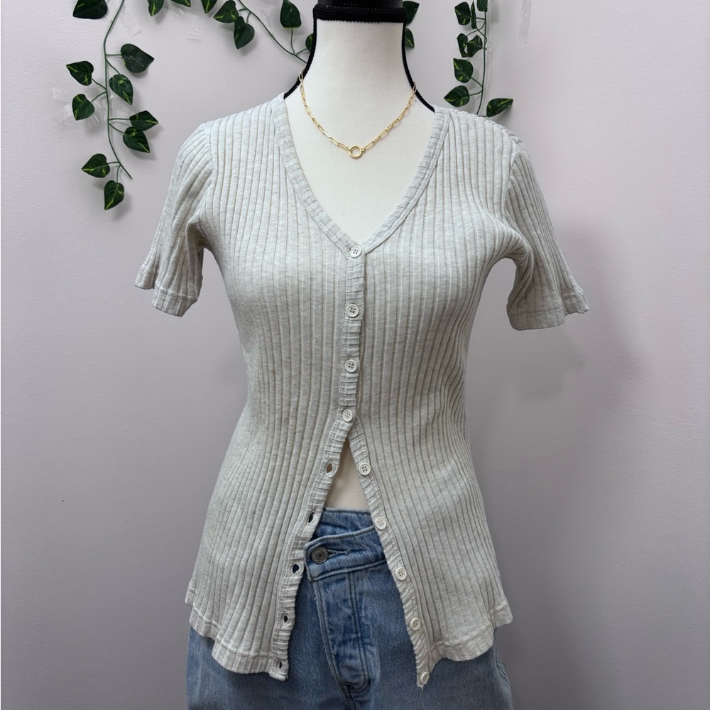 Vintage Club Monaco Button Up short sleeve T-Shirt Cotton Size M Cream Grey